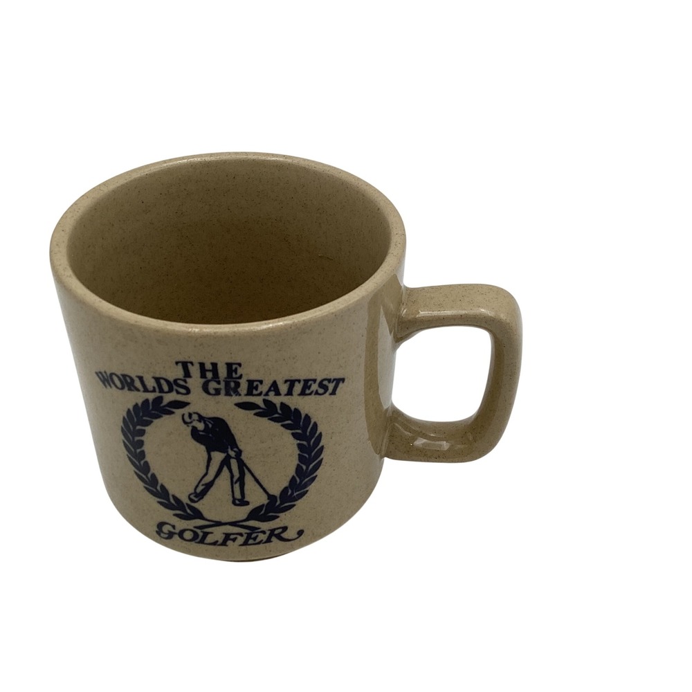 Vintage The Worlds Greatest Golfer Speckled Stoneware Coffee Mug Tan Navy Blue‎